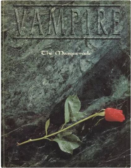 La portada de Vampiro la Mascarada primera edición en inglés. Es un fondo de mármol? verde y una rosa cortada con algunas fotas de rocío en ella.